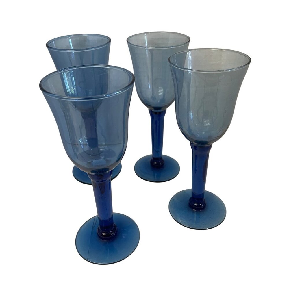 Vintage Blue Glass‎ Goblets Set Of 4 Elegant Wine Glasses